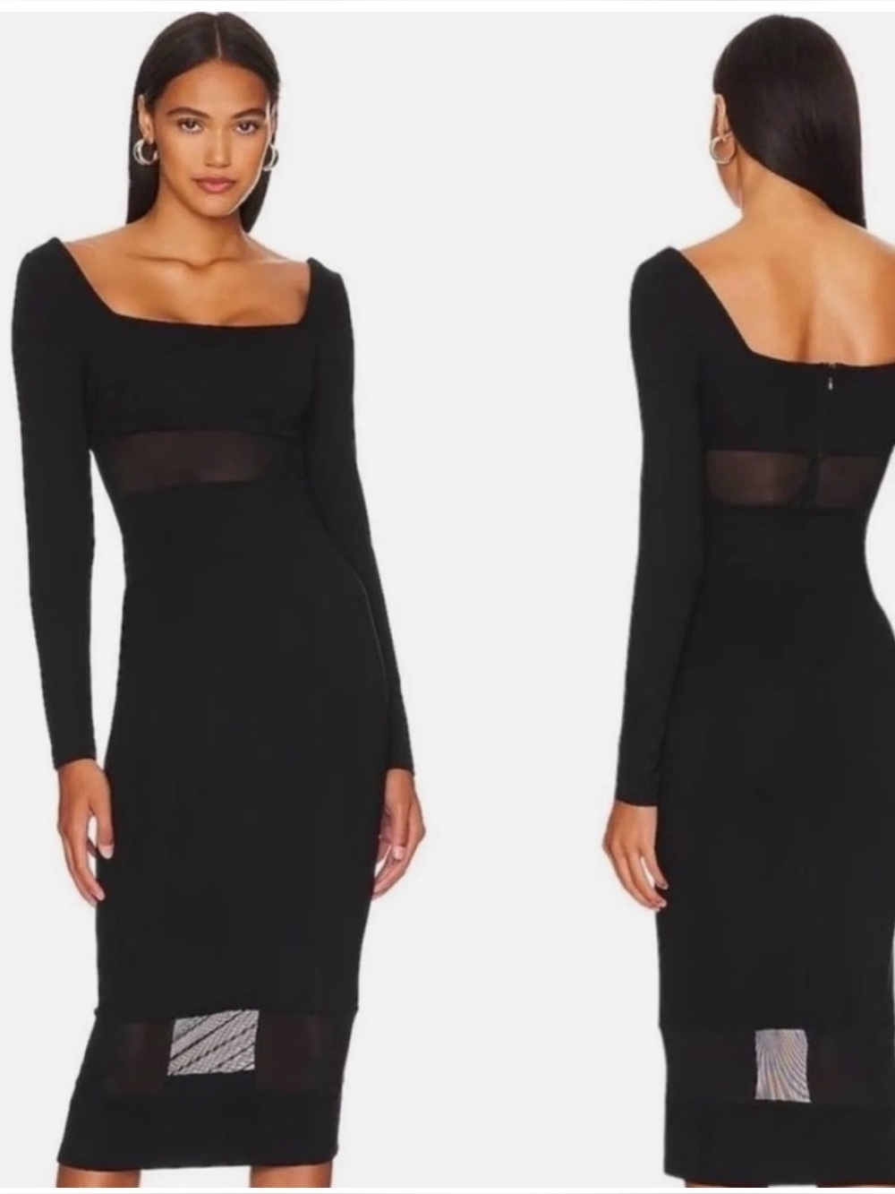 REVOLVE - Remi Bader Black Long-Sleeve Mesh-Panel Midi Dress